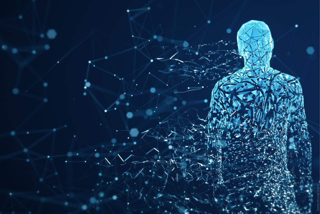 Silhouette einer hellblauen Figur auf dunkelblauem Hintergrund KI generierte, rudimentäre Darstellung eines Menschen auf blauem Hintergrund