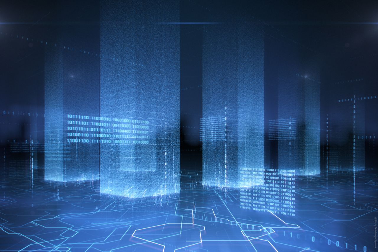 Vier senkrechte Balken auf einer blauen Computeroberfläche