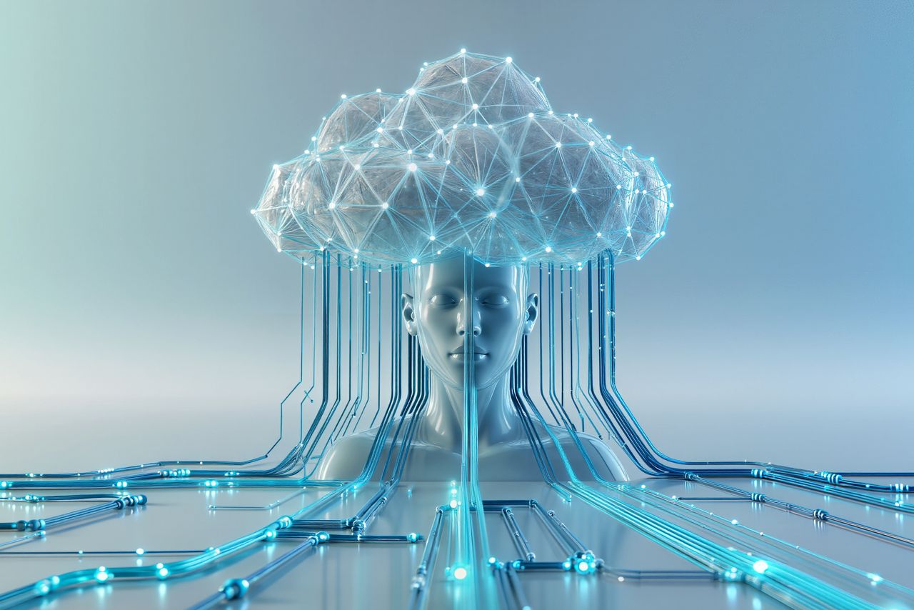 Futuristische Representation von KI mit einer Wolke über einem Kopf