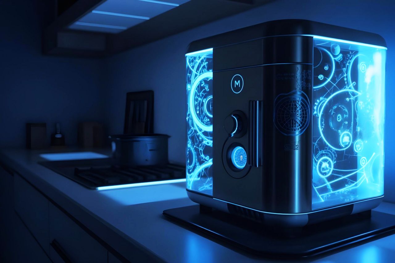 Projektarbeit koordinieren mit interaktiven Tools und KI Bild zeigt eine KI-generierten, futuristischen Kaffeevollautomaten