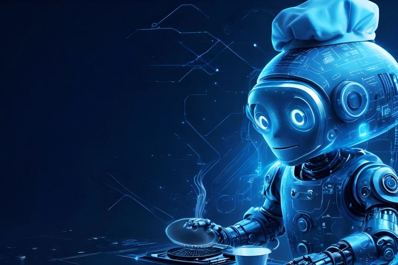 Erstellung von Arbeitsblättern mit KI KI generiertes Bild eines kleinen Roboters vor blauem Hintergrund