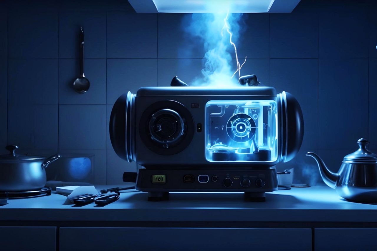 Fachgespräch mit KI-Feedback durchführen Bild zeigt einen KI generierten futuristischen Toaster, neben ihm steht eine Teekanne