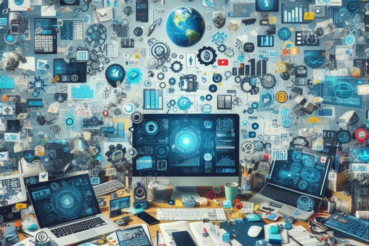 Bildschirm und zwei Laptops auf dem Schreibtisch, darüber fliegen Daten durch die Luft